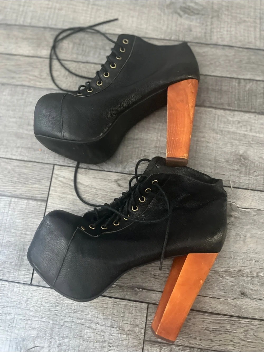 Jeffrey Campbell iconic Lita black Platform Lace-Up Heels Wood Block Heel